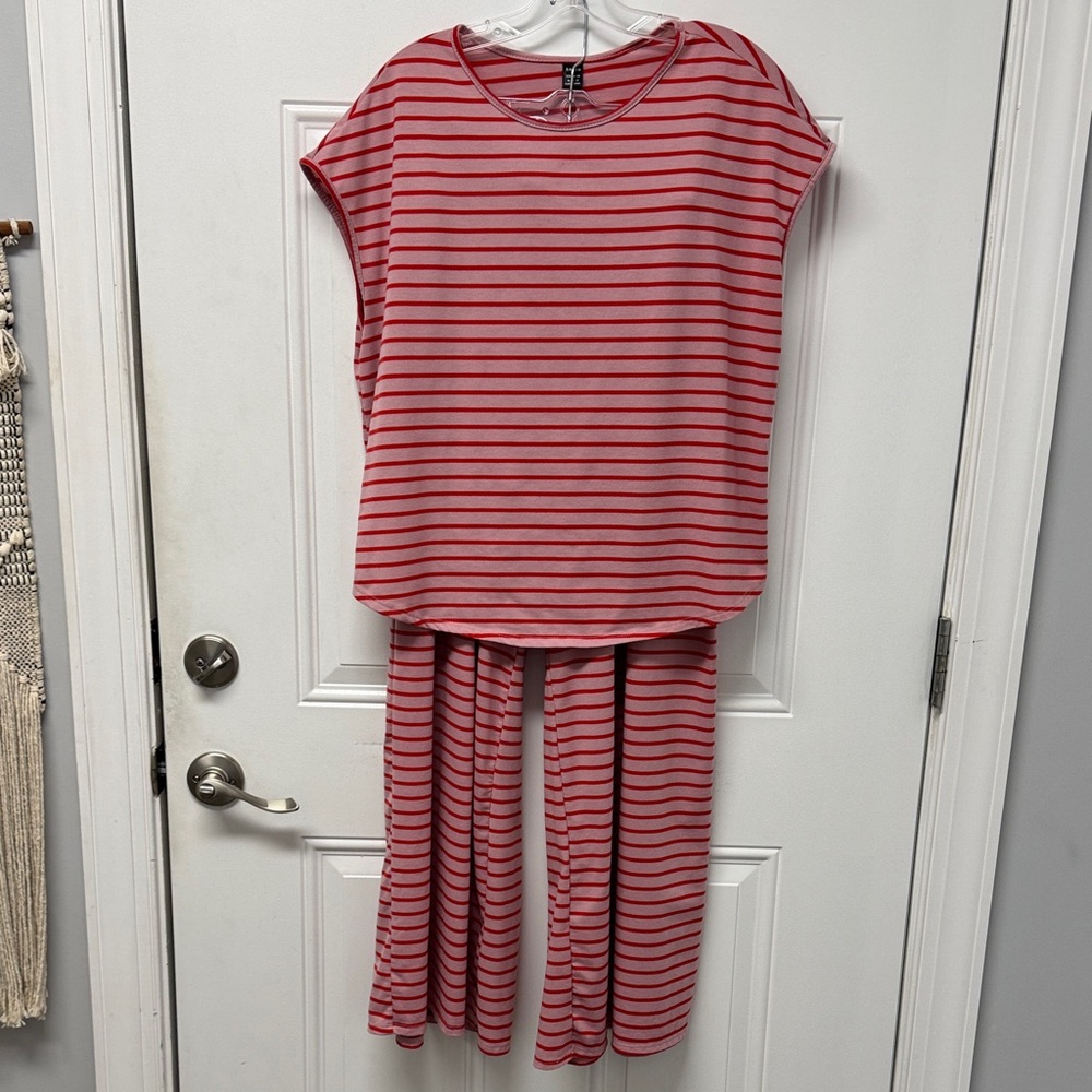 SHEIN Red and Pink Striped Women's Pant Set